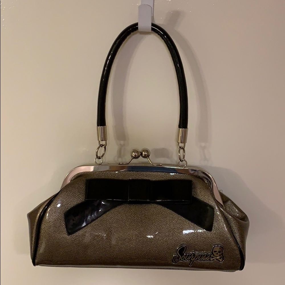 Vinyl grey and black purse with bow